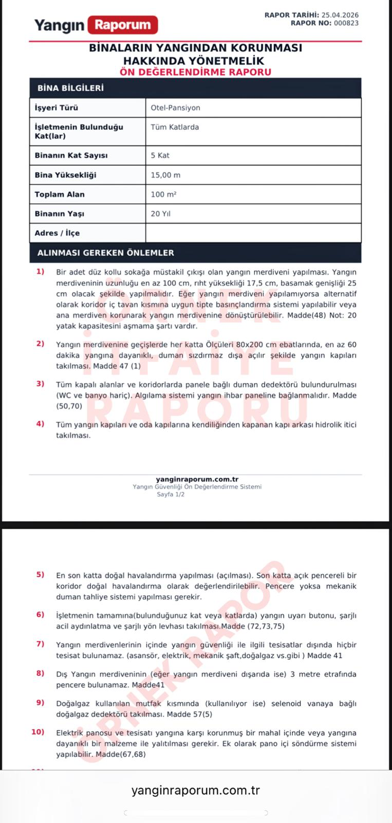 Örnek yangın raporu önizlemesi